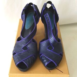 Max Azria Brie Black and Purple Leather Combo Heeled Sandals